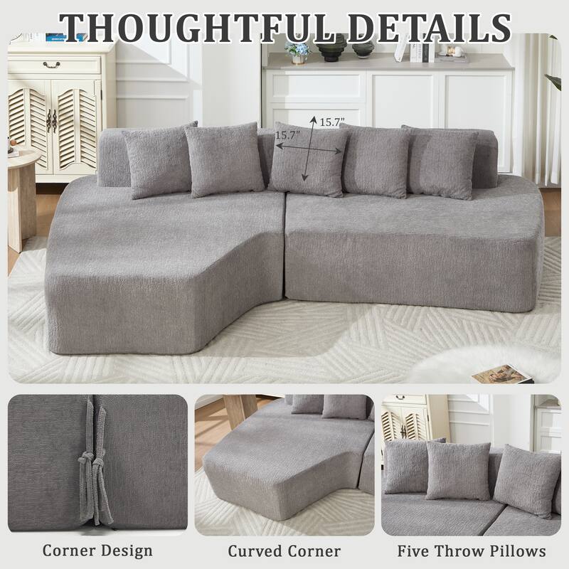 Irregular L-Shaped Modular Sectional Sofa with Chaise Lounge, Comfy Corduroy Deep Seat Cloud Couch, 3 Seat Sofa with 5 Pillows