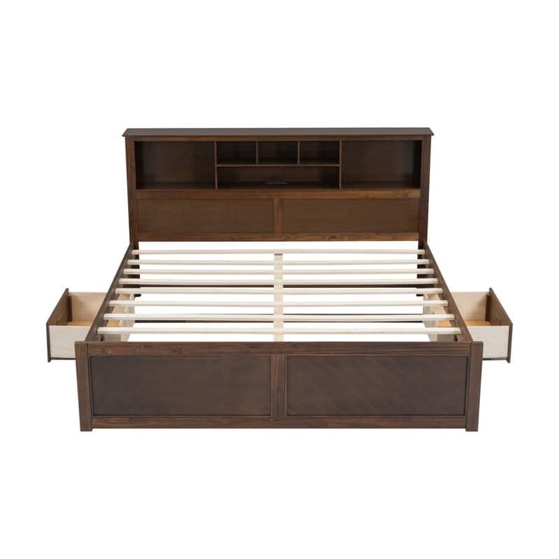 Solid Wood Bed Frame with Storage Bookcase Headboard and 2 Drawers, King Size Platform Bed with USB Port and Storage Shelves