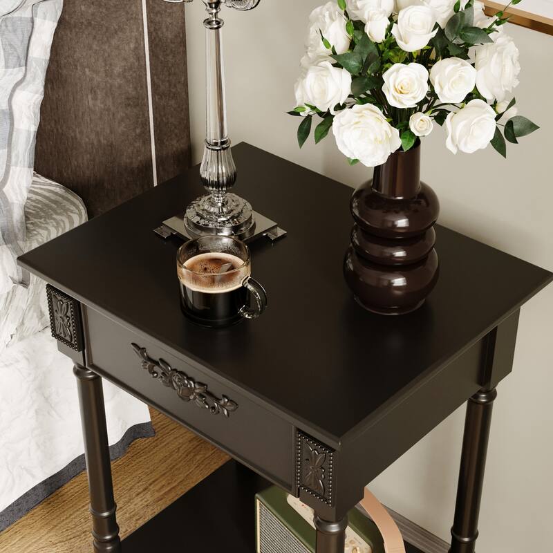 Vintage End Table with Drawer and Shelf, French Style Nightstand with Solid Wood Legs, White Accent Table
