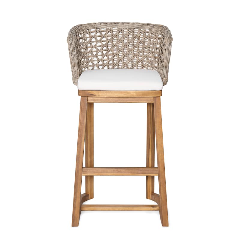 Scott Living Dome Outdoor Bar Stool Acacia Wood and Light Brown Wicker, Set of 2