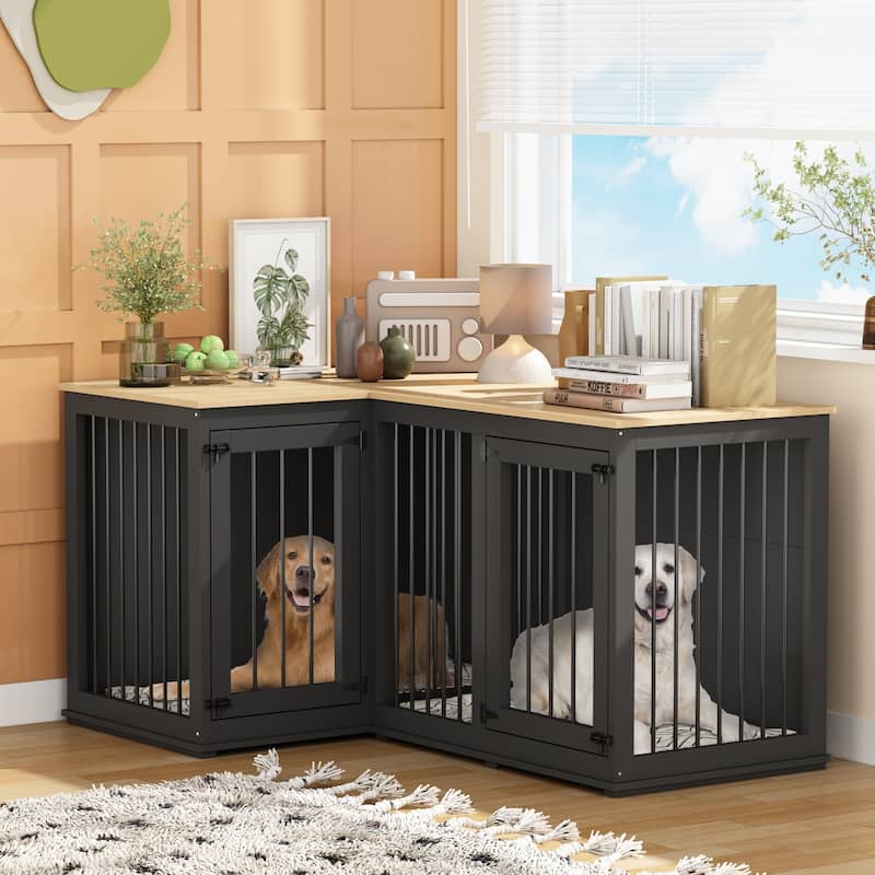 Corner Dog Crate Furniture for 2 Dogs with Double Rooms & Divider