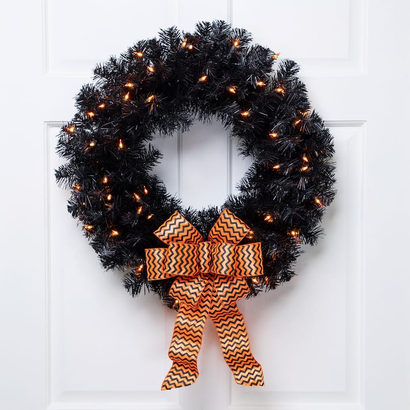 Black Noble Spruce Artificial Halloween Wreath 24 Inch Orange Lights