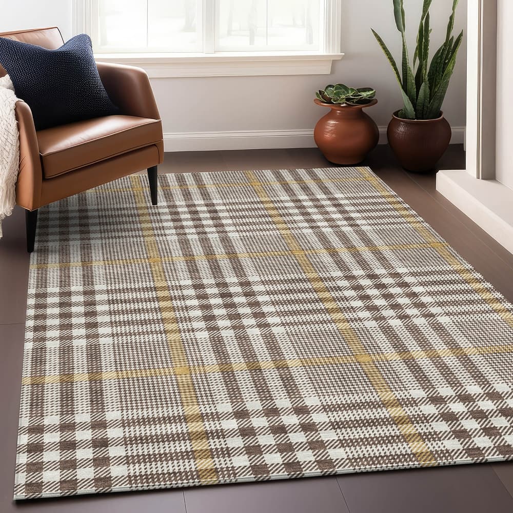 Machine Washable Indoor/ Outdoor Plaid Chantille Rug