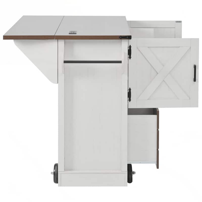 Farmhouse Kitchen Island with Drop Leaf, Power Outlet, Kitchen Storage Cart with 2 Doors, 2 Drawers