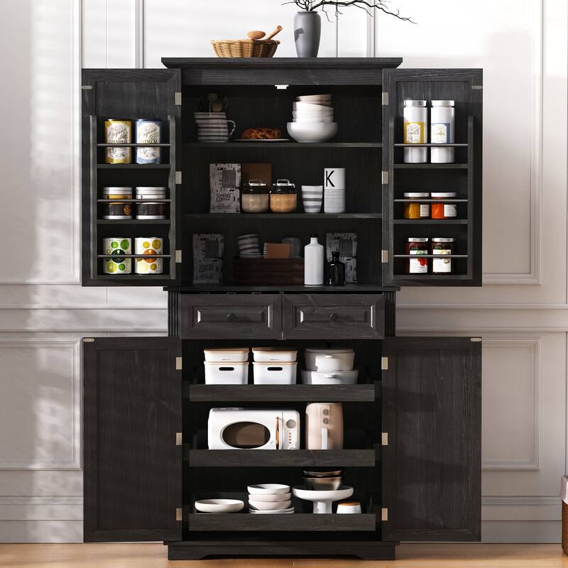 71" Tall Kitchen Pantry Cabinet with 3 Pull Out Cabinet Organizers, Farmhouse Embossed Texture Storage Cabinet