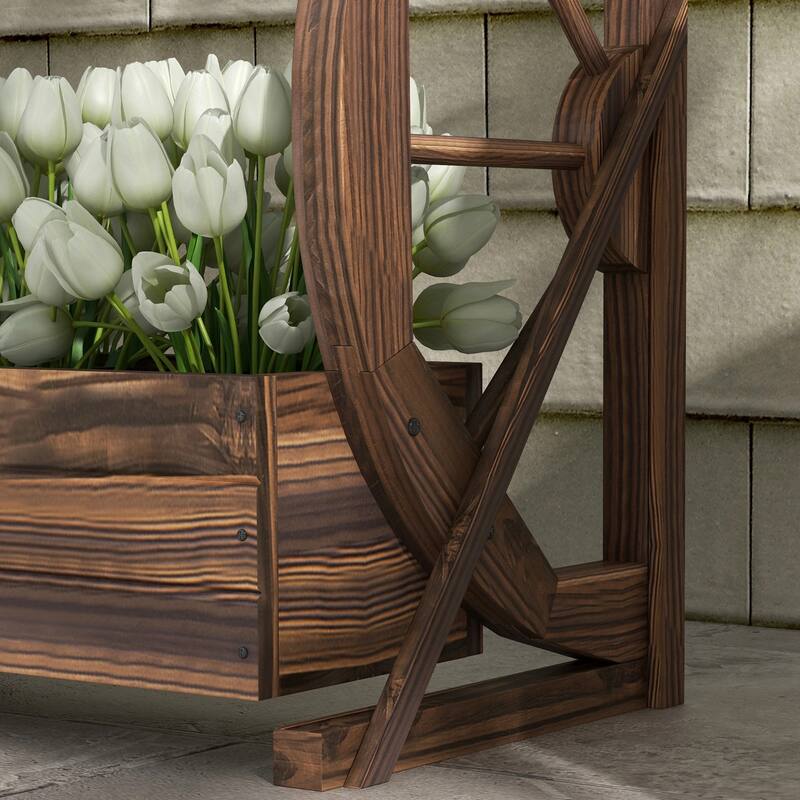 Carbonized Fir Wood Raised Planter with Wagon Wheel Design