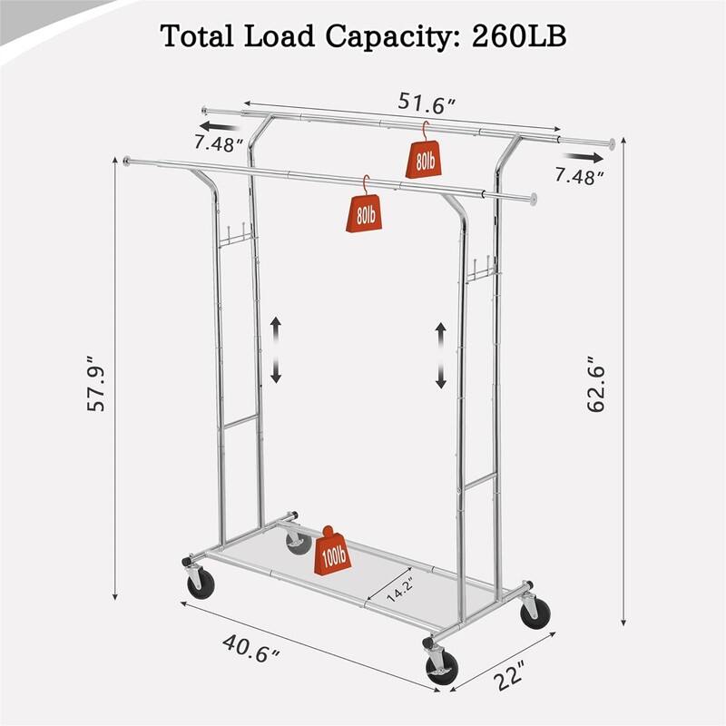 Heavy Duty Clothes Rack with Shelf and Hooks - 22"D x 66.56"W x 62.6"H
