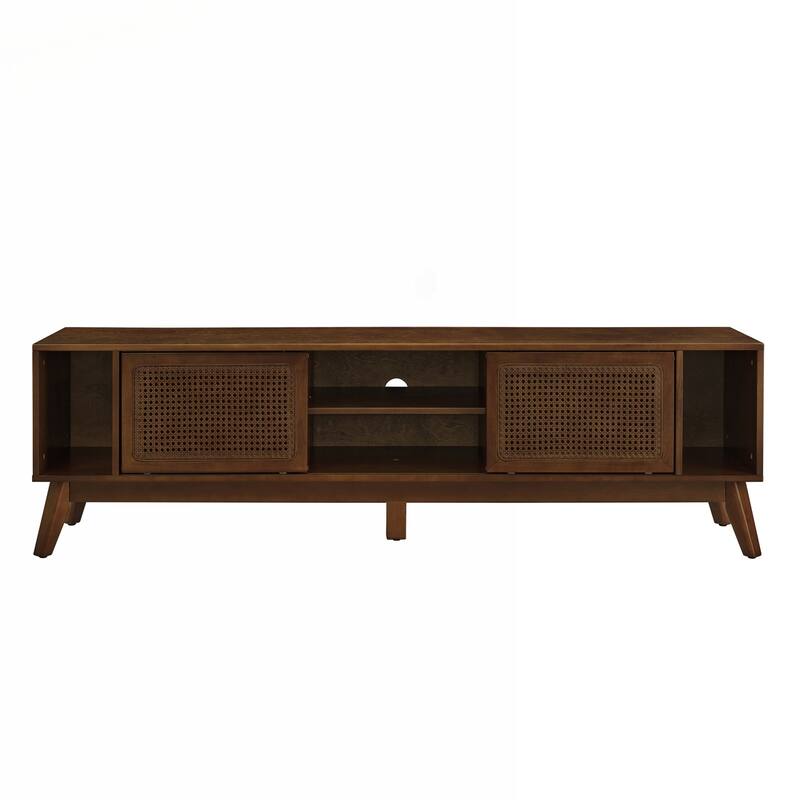 Charming Mid Century Rattan TV Stand with Solid Wood Feet and Versatile Storage