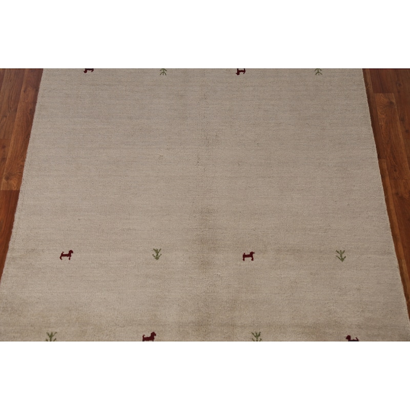 Hand Knotted Oriental 100% Wool Carpet Tribal Animal Pictorial Beige & Ivories Gabbeh Area Rug - 6' 4'' X 4' 7''
