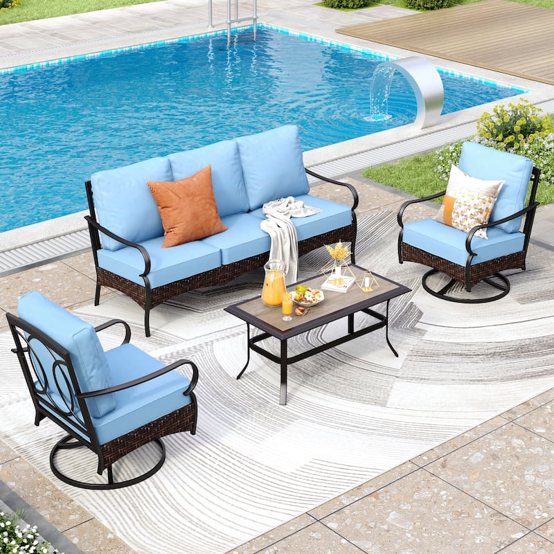 MAISON ARTS 4-Piece Rattan Wicker Patio Furniture Set with Swivel Chairs, Metal Frame & Coffee Table for Outdoor Spaces