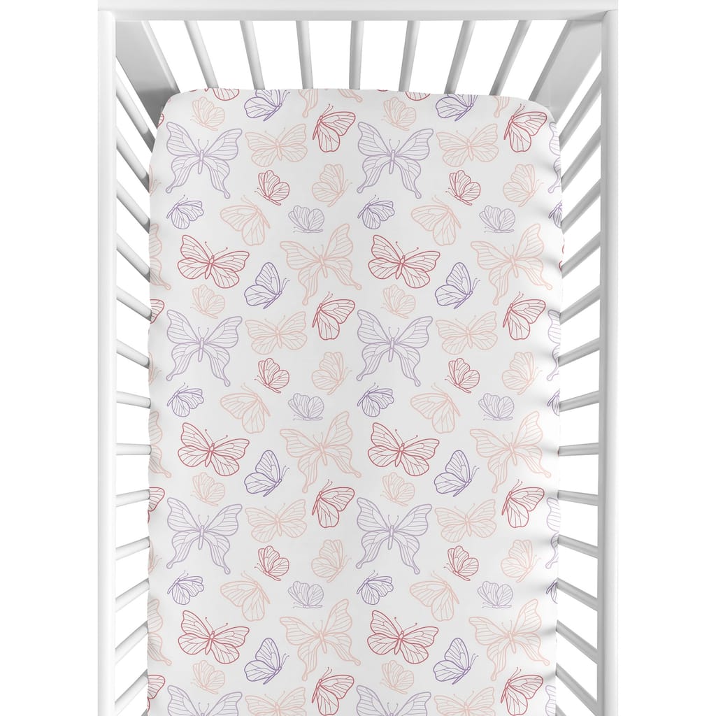 Sweet Jojo Designs Shabby Chic Butterfly Girl Fitted Crib Sheet Blush Pink Purple White Colorful Pastel Lilac Watercolor Pattern