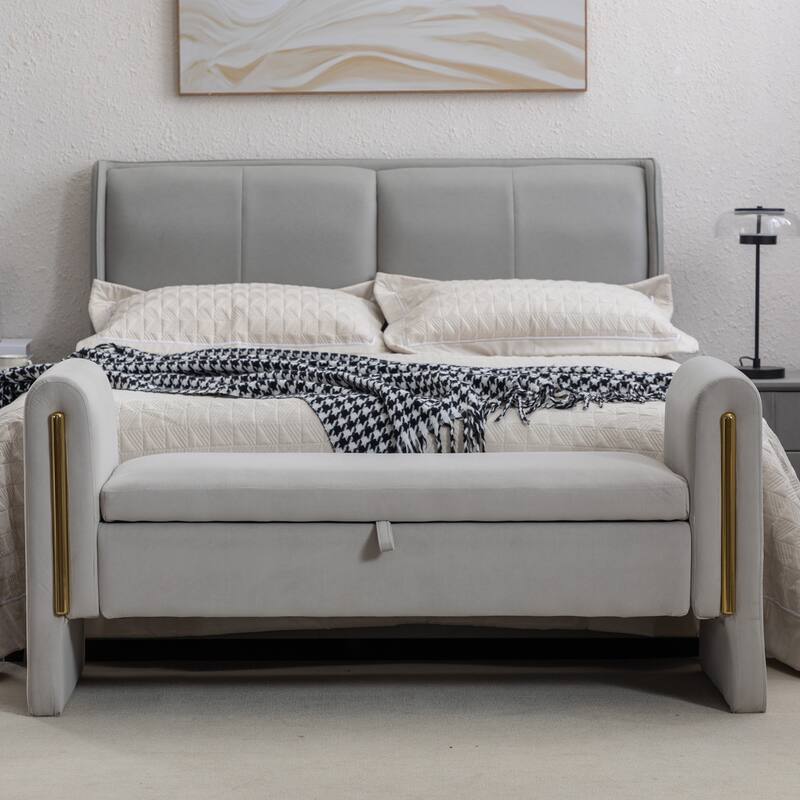 53" Modern Storage Bench with 300lb Seating, Velvet Upholstered Bed Bench with Wood Legs Safety Hinge