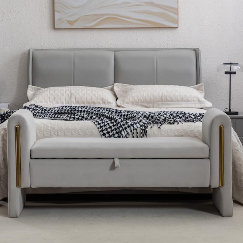 Velvet Fabric Storage Bench Bedroom Bench With Gold Metal Trim Strip For Living Room Bedroom Indoor,Light Gray - Light Gray