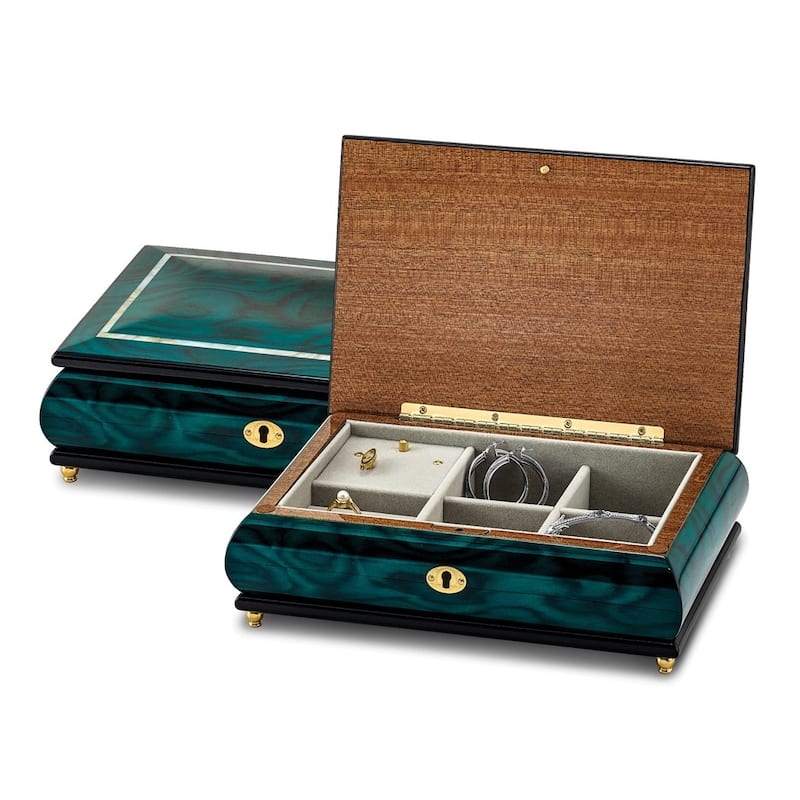 Curata Green Walnut Burl Veneer Mother of Pearl Inlay Locking Wooden (Plays Waltz of The Flowers) Music Box Velveteen Lining
