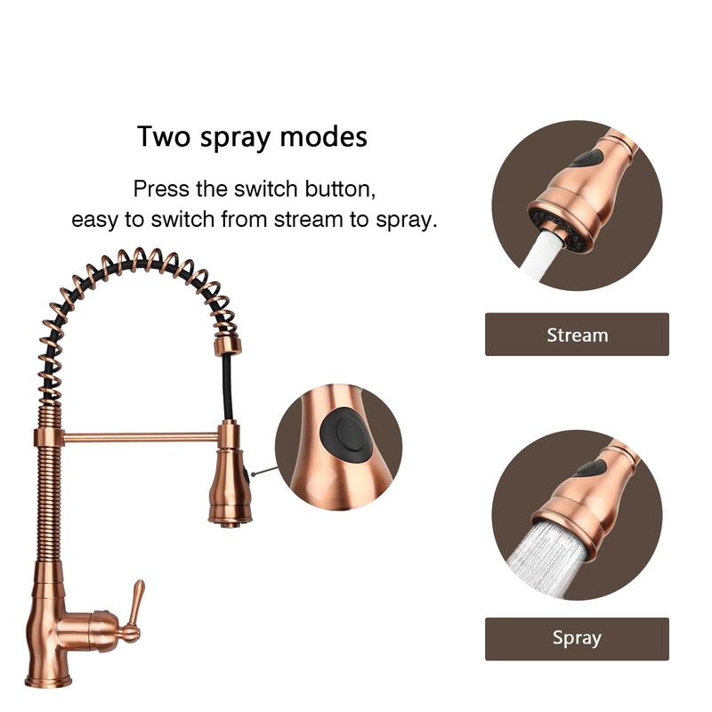 Copper Pre-Rinse Spring Kitchen Faucet, Single Level Solid Brass Kitchen Sink Faucets with Pull Down Sprayer - 8.9x21"