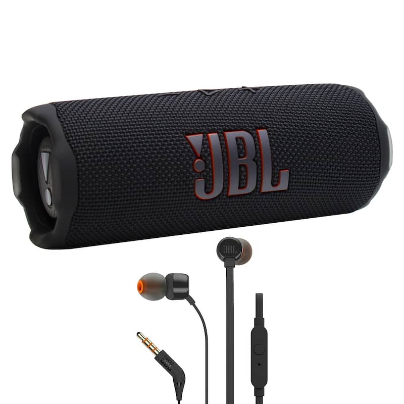 JBL Flip 7 Portable Waterproof Bluetooth Speaker (Black) + JBL T110 in Ear Headphones - Black