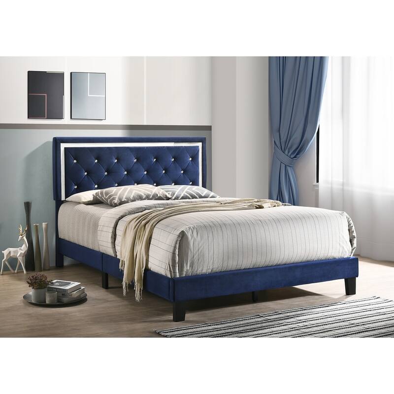 Best Quality Furniture Velvet Faux Crystal Tufted Beds with Faux Crystal Studded Border - Navy Blue - Full