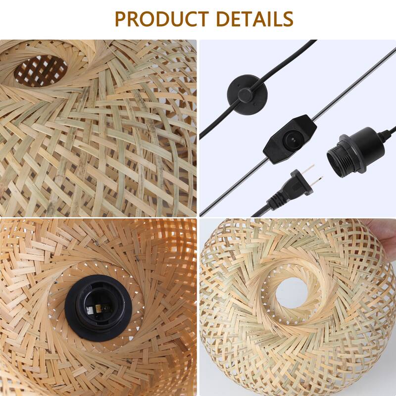 1-Light Hanging Lights with Plug in Cord Rattan Pendant Light - 11.8inch