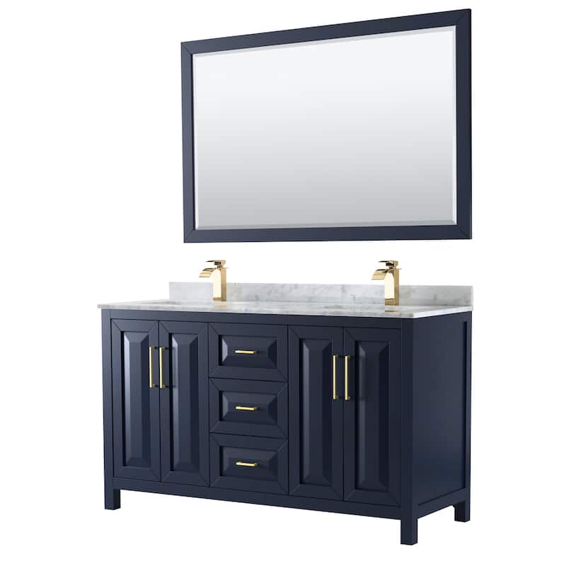 Daria 60-inch Double Vanity, Marble Top, 58-inch Mirror - Dark Blue, Gold Trim, White Carrara Marble Top