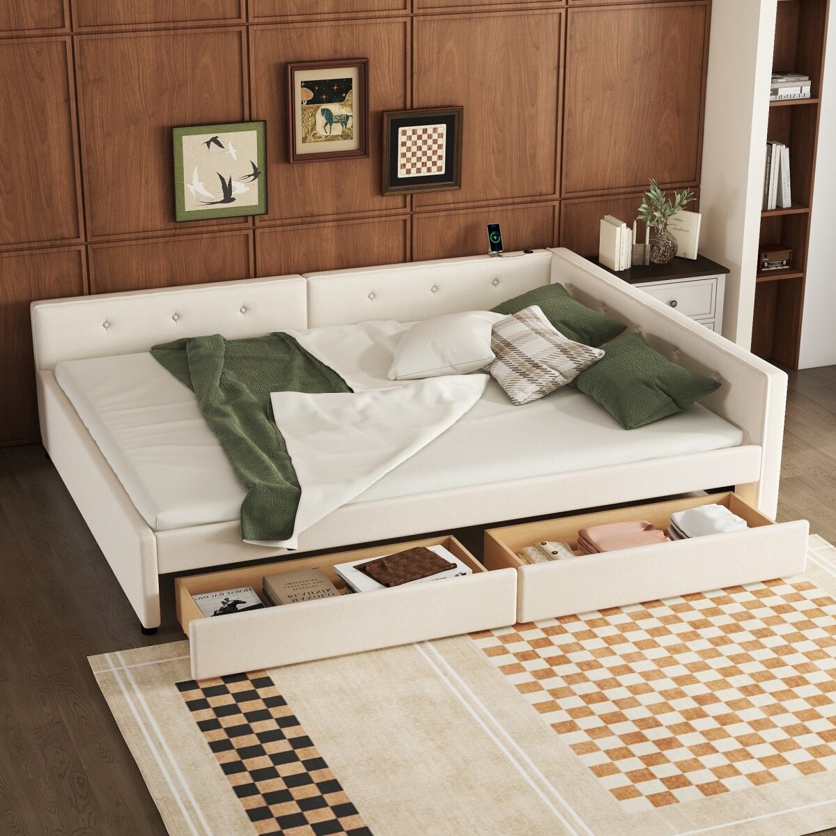 Full Queen Size Upholstered Daybed with 2 Storage Drawers and USB Ports Floor Daybed Frame Sofa Bed with L Shaped Headboard