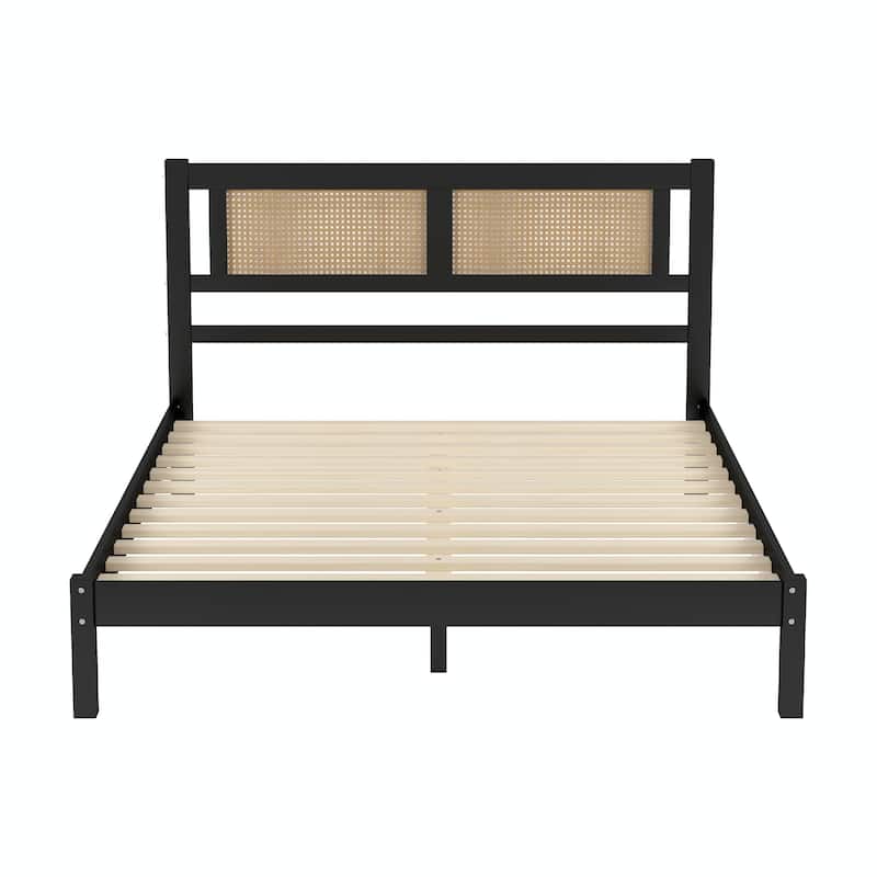 Wood Platform Bed with Natural Rattan Headboard, Elegant Minimalist Design