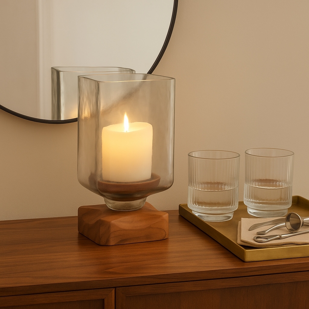 Decorative Wood and Glass Hurrican Pillar Candle Holder