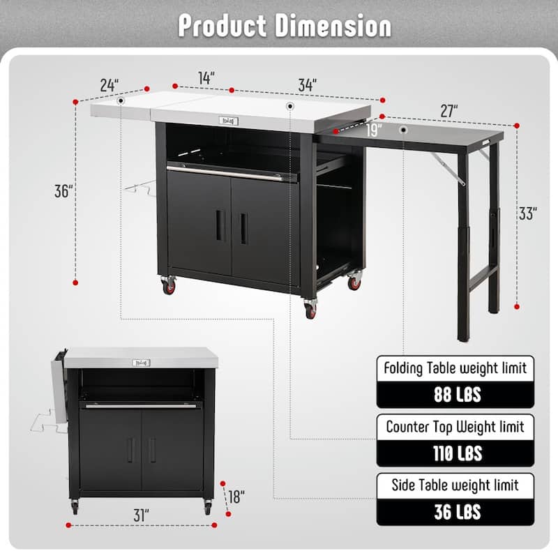 Feasto Grill Table, Outdoor Kitchen Island With 2 Foldable Side Tables, Stainless Steel Top For Outdoor Kitchen Cabinets