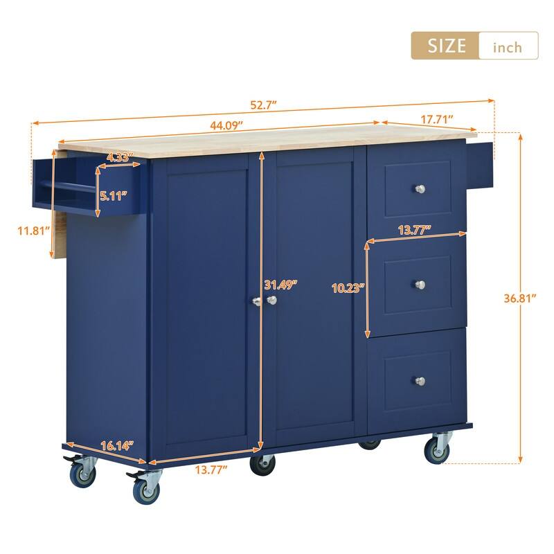 Multifunctional 52.7'' Rolling Kitchen Island With Adjustable Shelves and 3 Drawers,Blue - Kitchen Cart