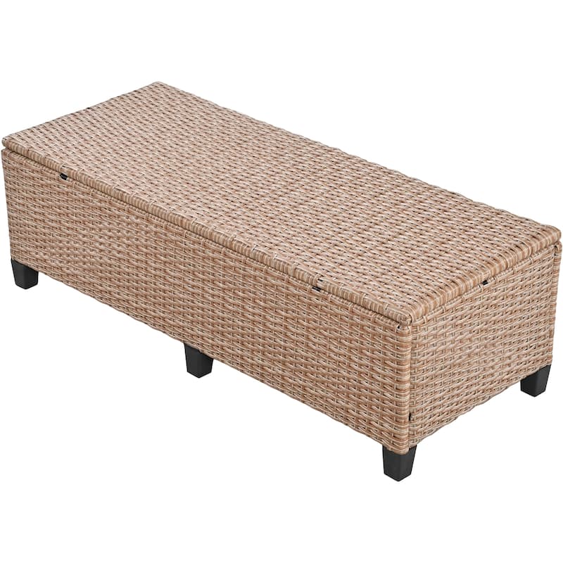 Roomfitters 5-Piece Outdoor Rattan Sofa Set, Patio Sectional Furniture with Dining Table, Storage Bench, Side Trays