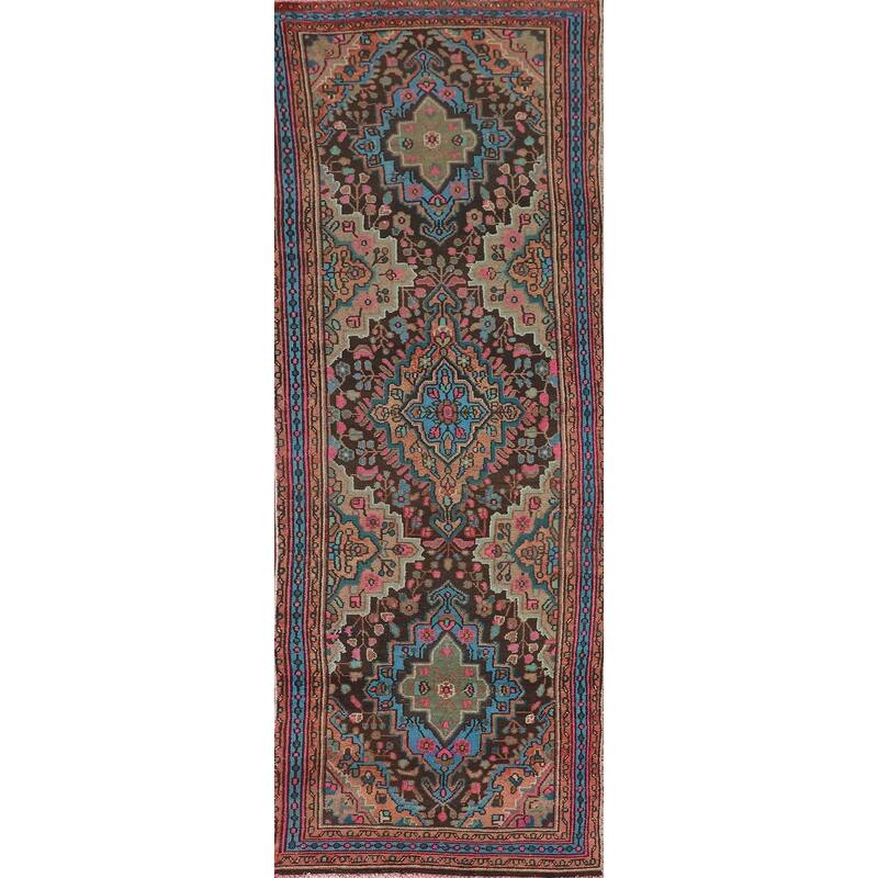Geometric Hamedan Persian Vintage Runner Rug Handmade Wool Carpet - 3'1"x 10'3"
