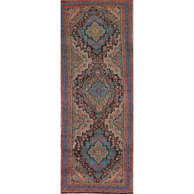 Geometric Hamedan Persian Vintage Runner Rug Handmade Wool Carpet - 3'1"x 10'3"