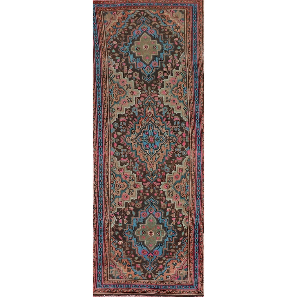 Geometric Hamedan Persian Vintage Runner Rug Handmade Wool Carpet - 3'1"x 10'3"