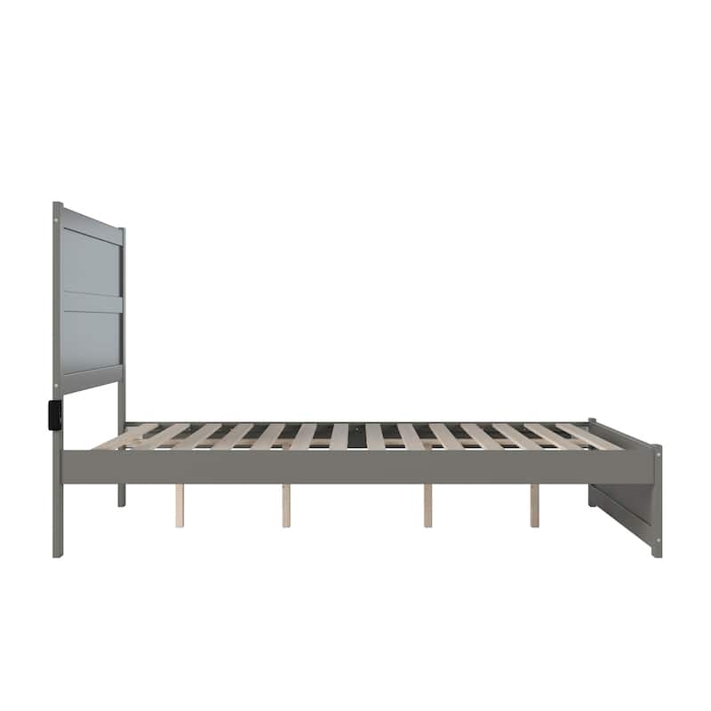 Modern Platform Bed with Footboard - Grey Wood Slat Support & Charging Station