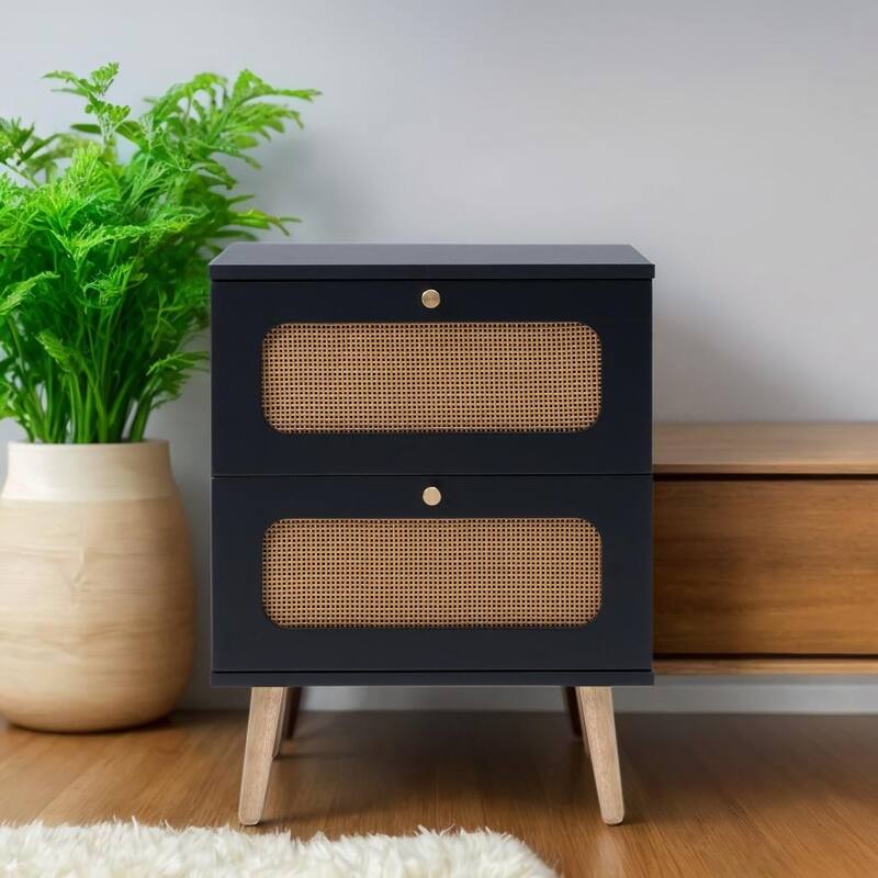 Boho Rattan 2-Drawer Nightstand, Handmade Woven Accent End Table, Side Table for Bedroom and Living Room