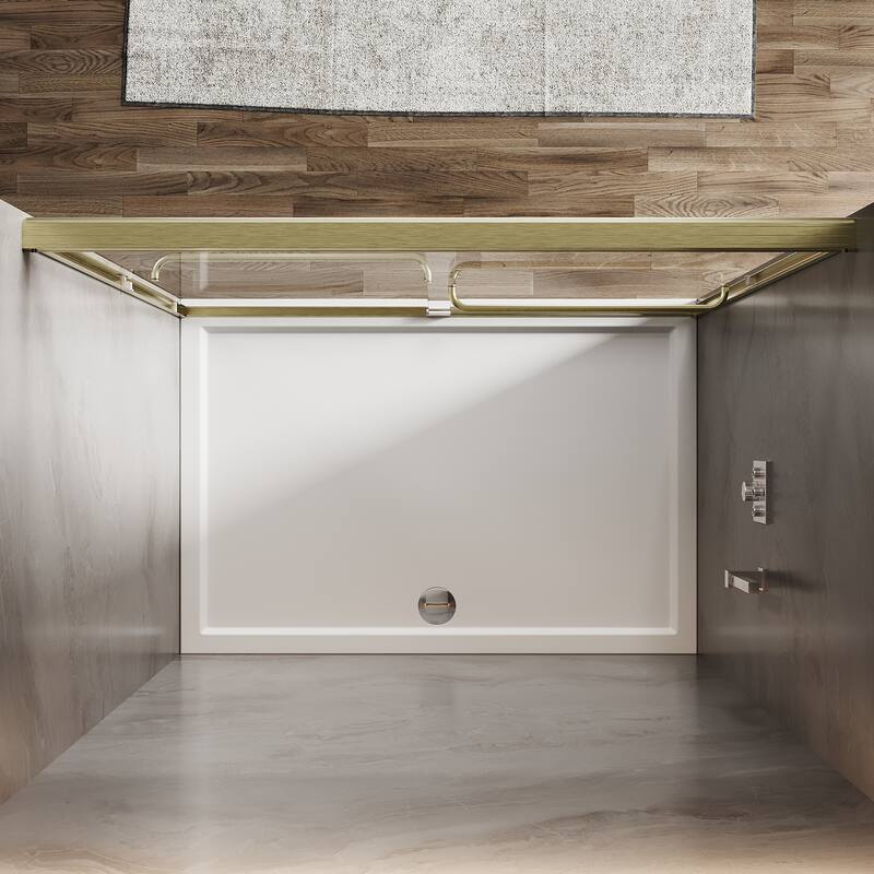 Elegant Double Sliding Shower Door Brushed Gold Finish Framed with 1/4 inch Clear Tempered Glass