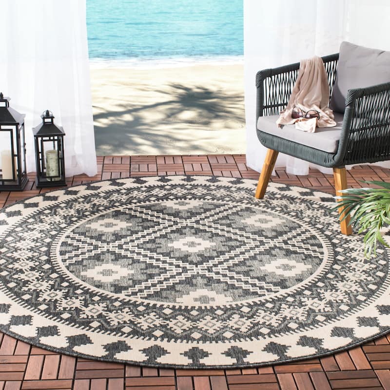 SAFAVIEH Veranda Eyvor Indoor/ Outdoor Waterproof Patio Backyard Rug - 6'7" Round - Ivory/Grey