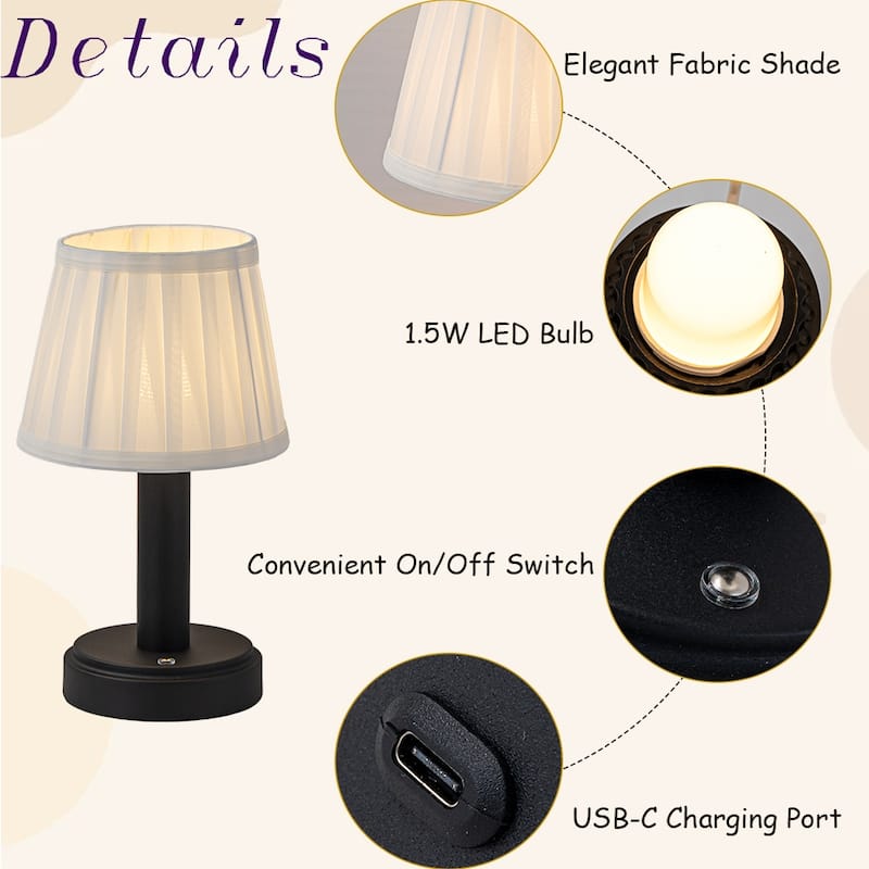 11'' Vintage Rechargeable Cordless LED Table Lamp Touch Control Mini Desk Lamp with Fabric Shade for Bedroom Living Room(2 Pack)