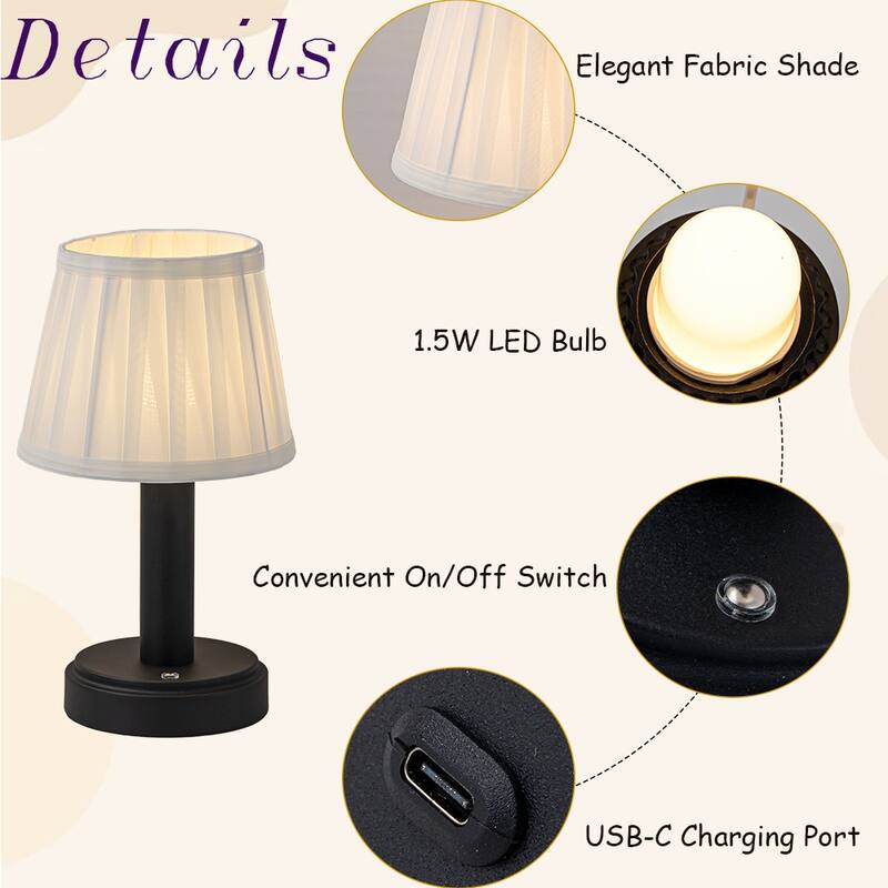 Modern Type-C Rechargeable LED Table Lamp Dimmable Touch Control with Fabric Shade For Bedroom Living Room - W6''