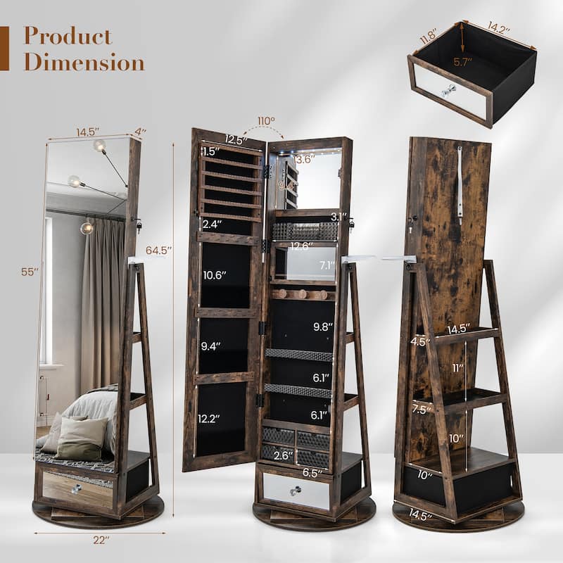 Gymax Swivel Jewelry Cabinet Full Length Mirror w/Built-in Lights