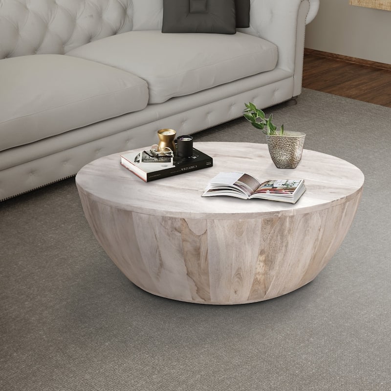 36 Inch Round Mango Wood Coffee Table, Subtle Grains, Distressed White - 35.5" x 35.5" x 12"