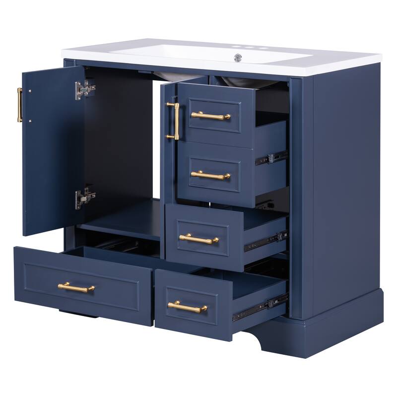 36 inch Solid Wood Traditional Bathroom Vanity with Ceramic Sink and Four Drawers