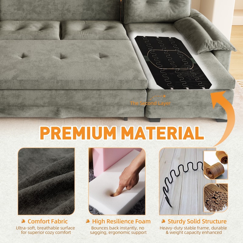 Homy Casa U Shaped Sleeper Sofa with Pull Out Bed USB Ports Convertible Sectional Couch with Chaise Lounge Beige Grey Orange