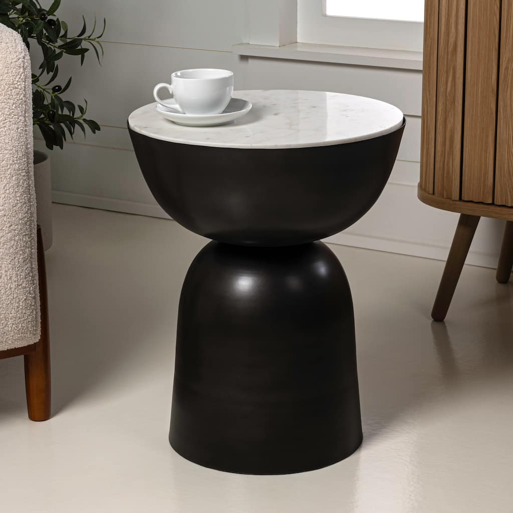 Aura 20" Contemporary Natural Marble/Metal Handmade Hourglass End Table, Black/White, by JONATHAN Y.