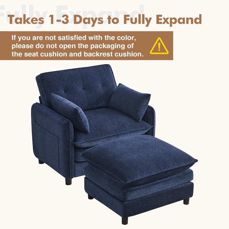 Upholstered Chenille Oversized Accent Armchairs with Ottoman and Side Pocket
