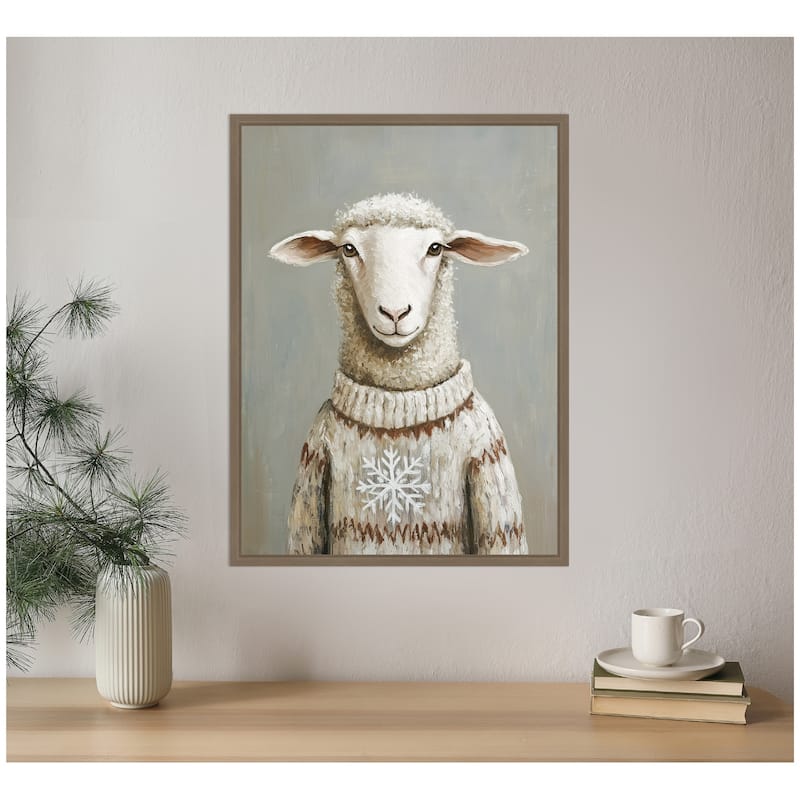 Kate and Laurel Sylvie Framed Canvas Sheep in Winter Snowflake Sweater by The Creative Bunch Studio