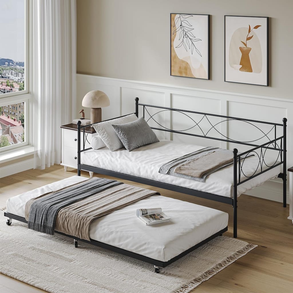 Metal Day Bed Twin Trundle Bed Frame, with Premium Steel Slat Support