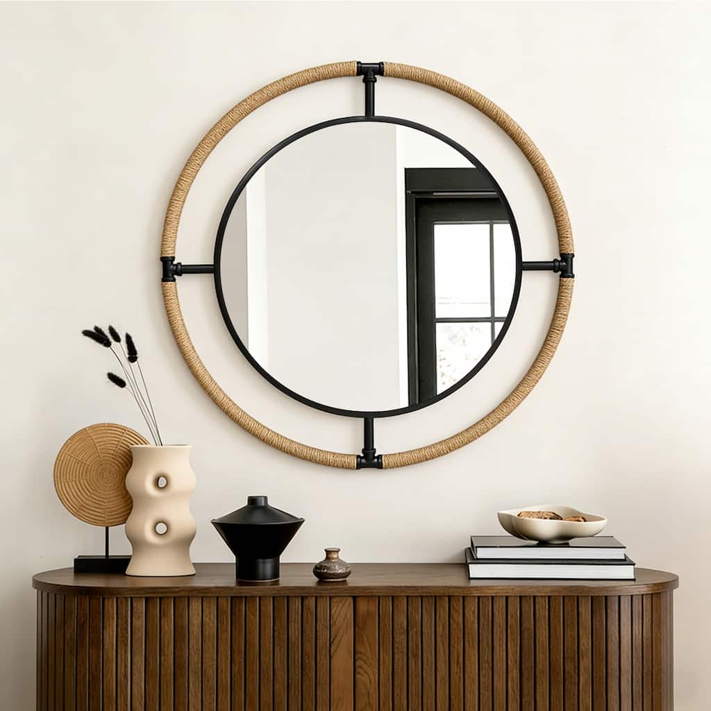 Coastal Rope & Iron Round Wall Mirror Hanging Decor for Living Room - 32"X32"