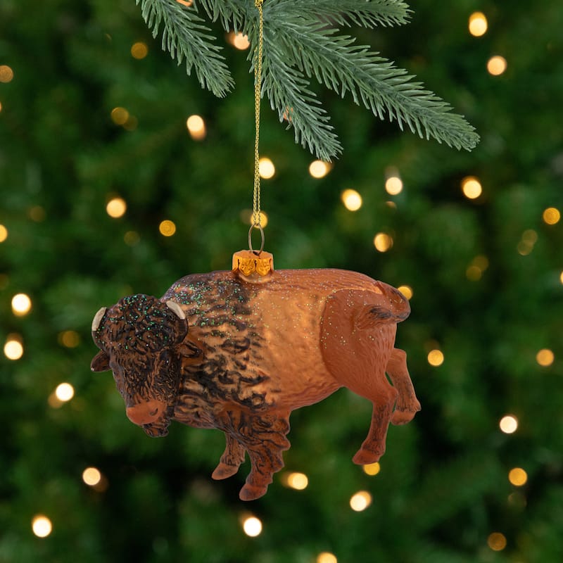 Glittered Buffalo Christmas Glass Ornament - 4.25" - Copper-Finish