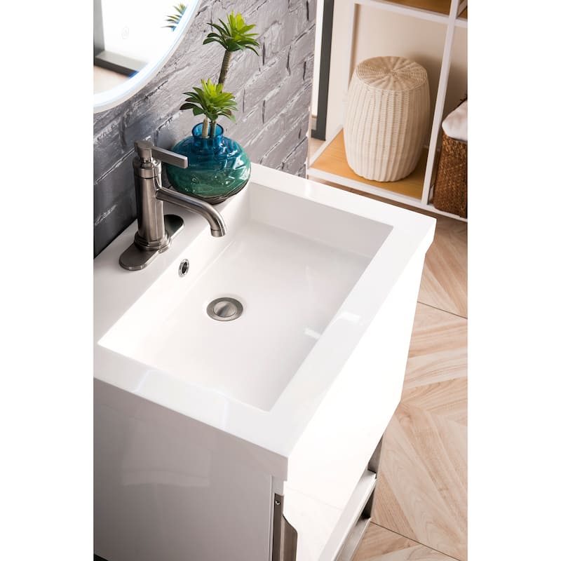 James Martin Vanities Columbia 24" Single Vanity, Glossy White with White Glossy Composite Stone Top