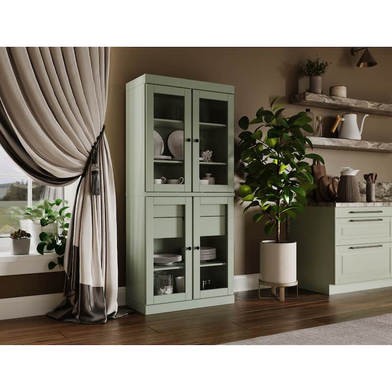 Palace Imports 100% Solid Wood Pantry Cabinet with Frosted, Clear Glass or Solid Doors, 2-Drawers and Adjustable Shelves - Sage - Clear Glass